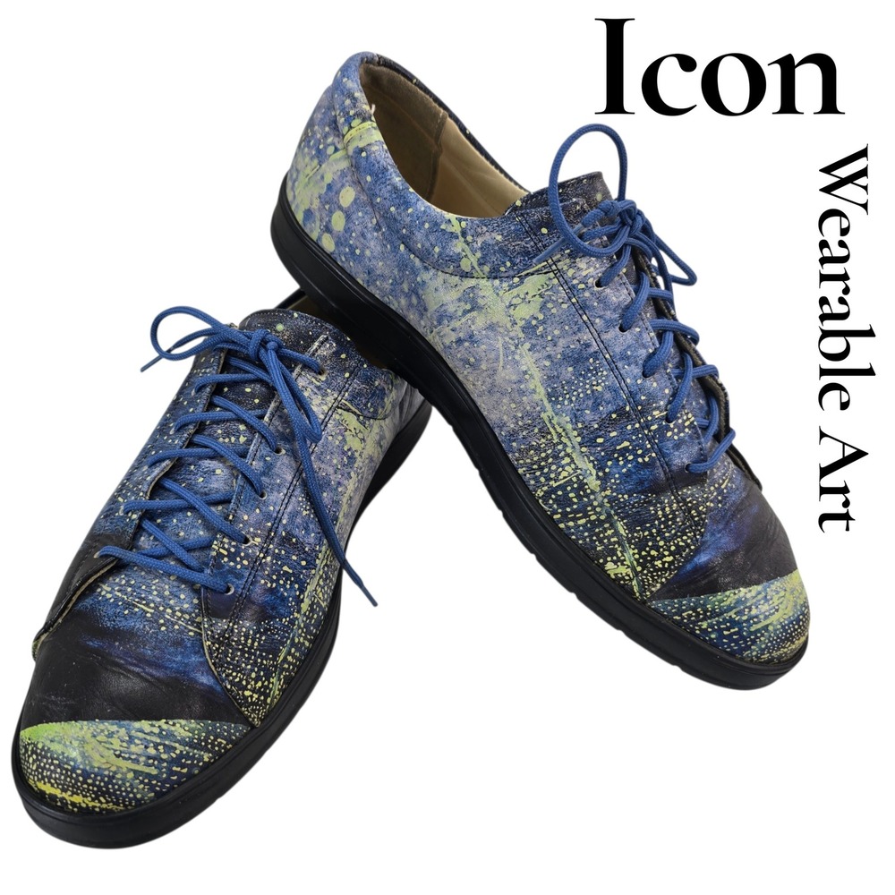 Icon Wearable Art Sneakers Womens 8 Blue Leather Starry Night Lace Up Boho Shoes